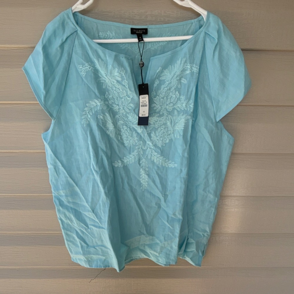 Talbots Women's Blue 100% Linen Embroidered Split Neck Blouse Size 18